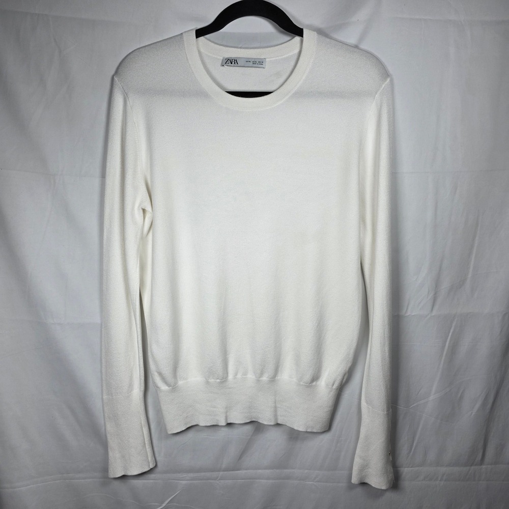 Zara Women's Gold Button Cuff Knit Sweater XL White Crewneck Fine Knit Top